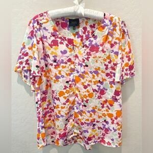 W5 | Colorful Floral Blouse Short Sleeve V-Neck Top | Size XL